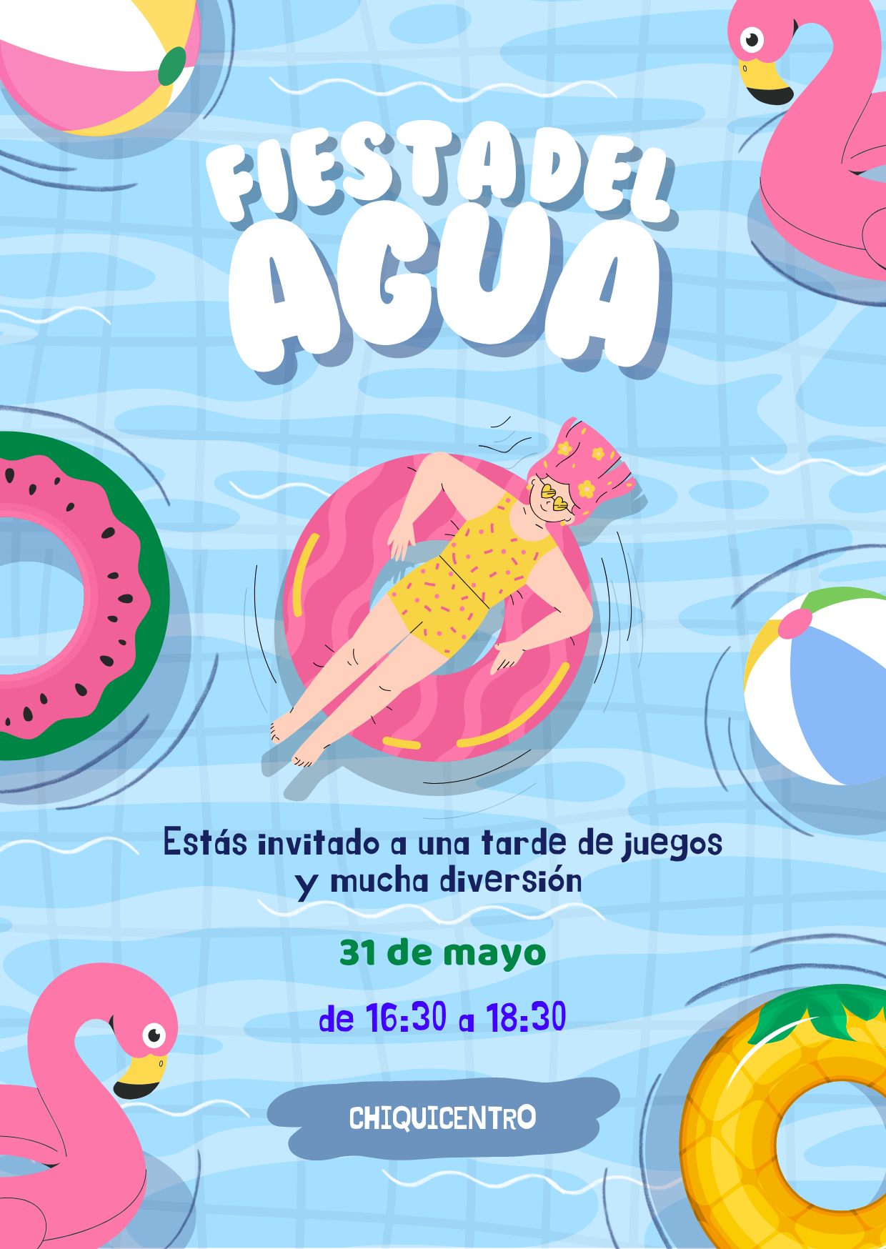 invitación vertical fiesta en la piscina ilustrado azul